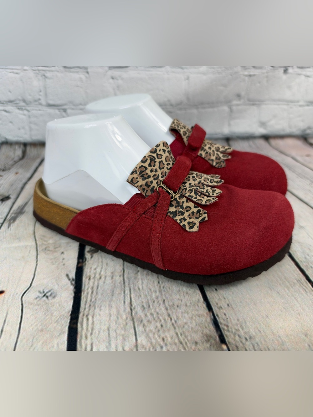Betula leopard fringe red clogs size 6